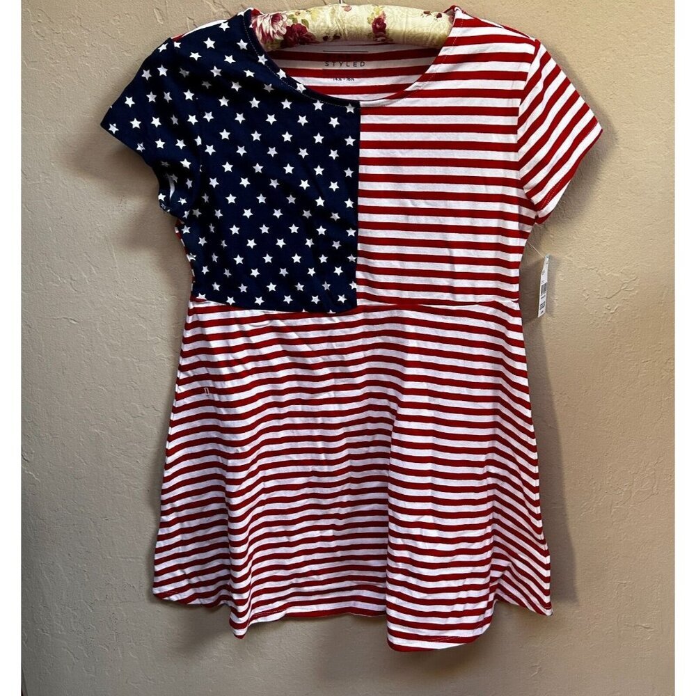New Simply Styled Girls Plus American Flag Print Skater Dress Sz 14 1/2 - 16 1/2